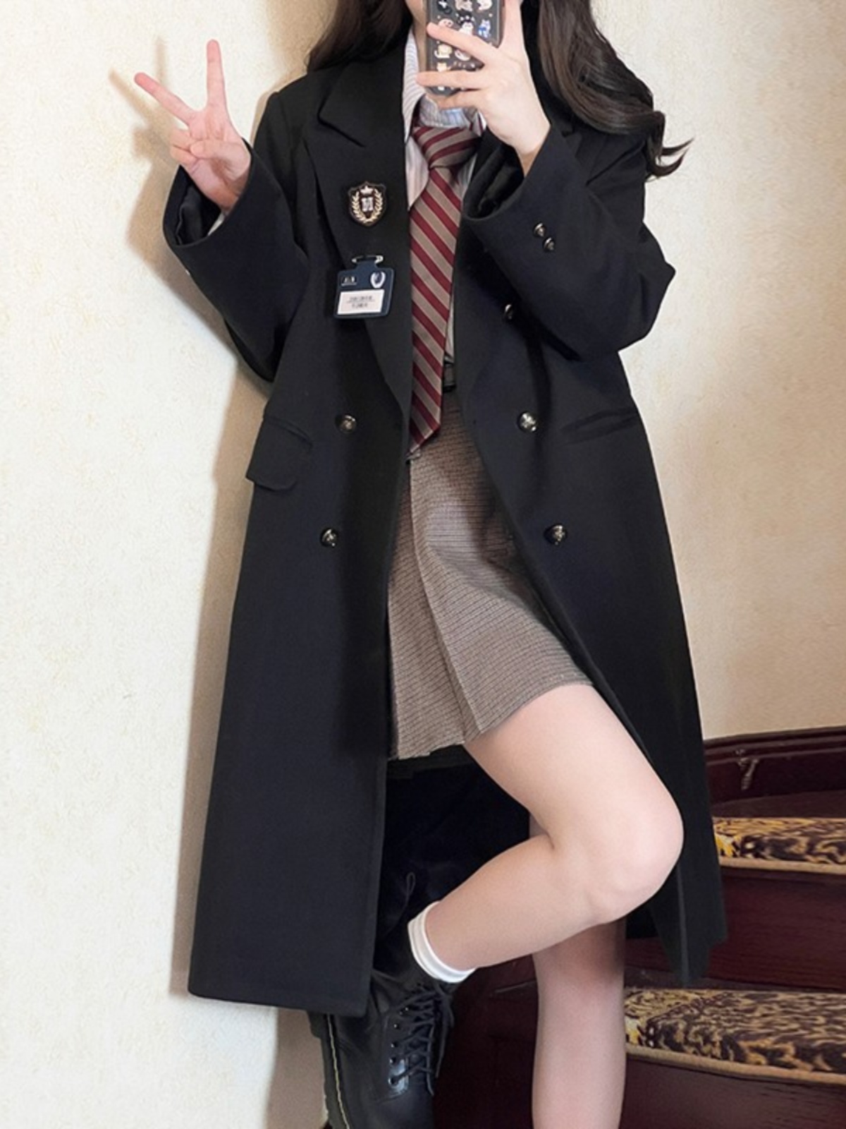 Women's Pudding Bear JK Uniform Woolen Coat - Textured Loose Fit Winter Outerwear, College Style, Small Size