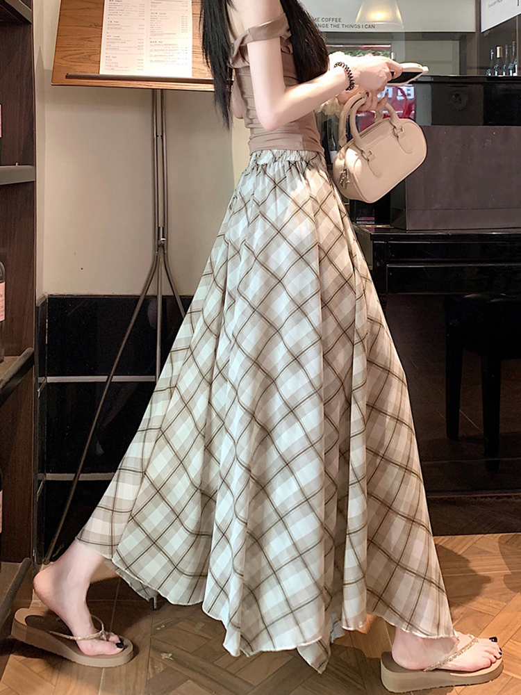 Women's Retro Color-Blocking Plaid A-Line Midi Skirt with Irregular Hem, Summer Loose Fit Elastic Waist