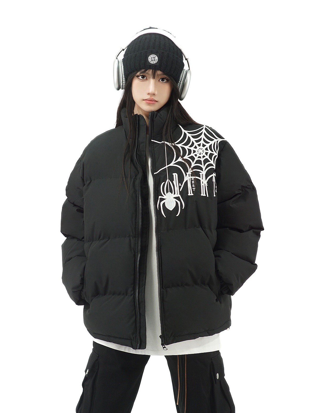 Women's Retro Heavy-Duty Cotton Jacket with Spider Embroidery - Loose Fit Couples Winter Jacket in American Style