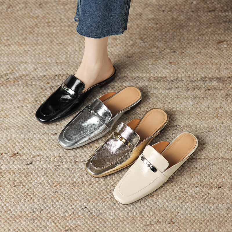 Women's Retro Slip-On Open-Toe Half Slippers - Summer Flat Soft Genuine Leather Mules with Metal Buckle