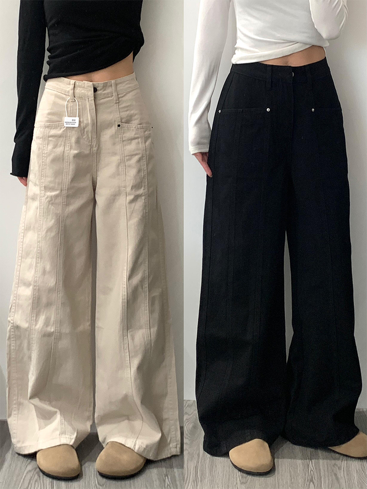 Women's Retro Wide-Leg Denim Work Pants - American Style, Loose Fit, Summer Design, Draped Straight-Leg, Casual Vintage Fashion