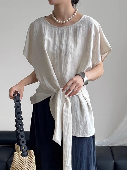 Women's Round Neck Waist-Tied Short Sleeve Shirt with Flutter Sleeves - 2025 Summer Trendy Top for a Unique Temperament