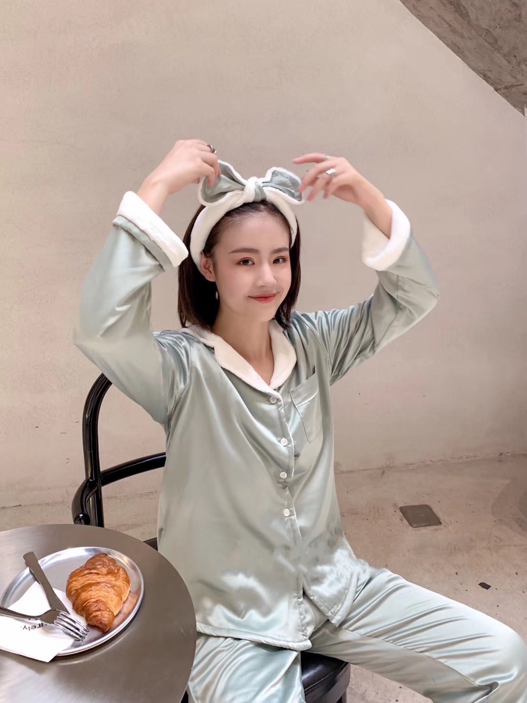 Women's Satin Fleece Pajamas Set in Haze Blue - Warm Thickened Autumn Winter Homewear for Couples - Trendy Comfort Style