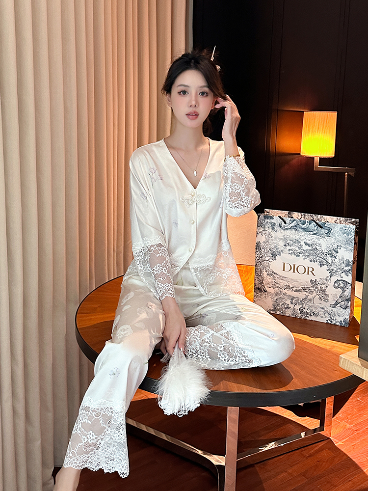 Women's Sexy Button Ice Silk Pajama Set - Chinese Style National Wind Homewear for Spring & Autumn, Comfortable Summer Sleepwear