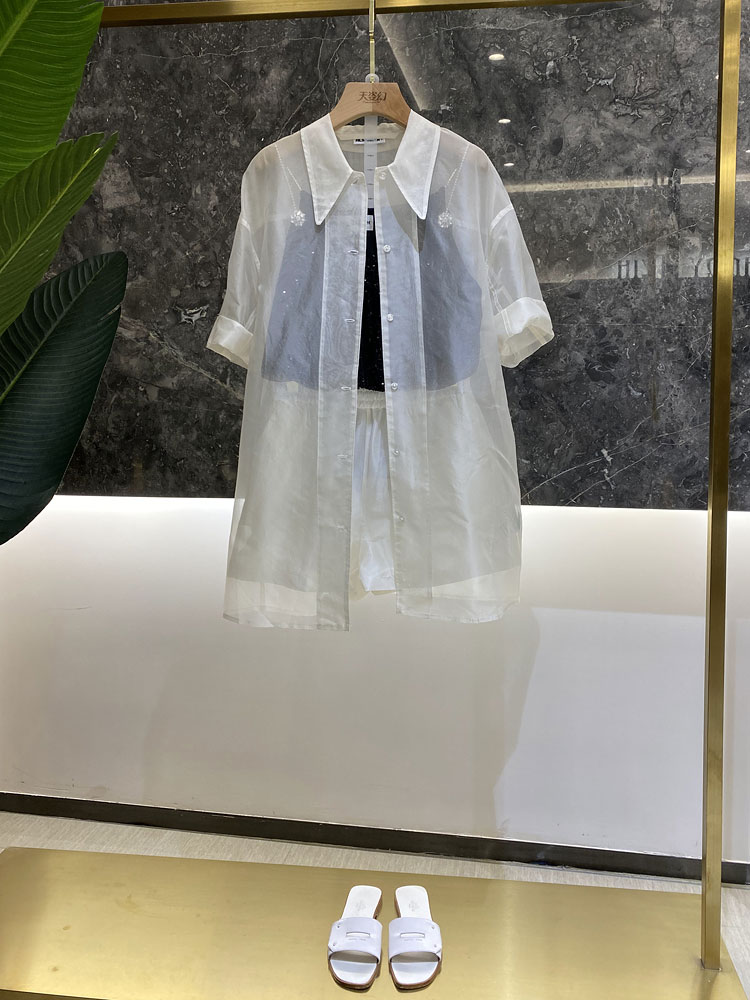 Women's Sheer Silk Mid-Length Shirt and Elastic Waist Shorts Set with Letter Print - Summer European Fashion Outfit