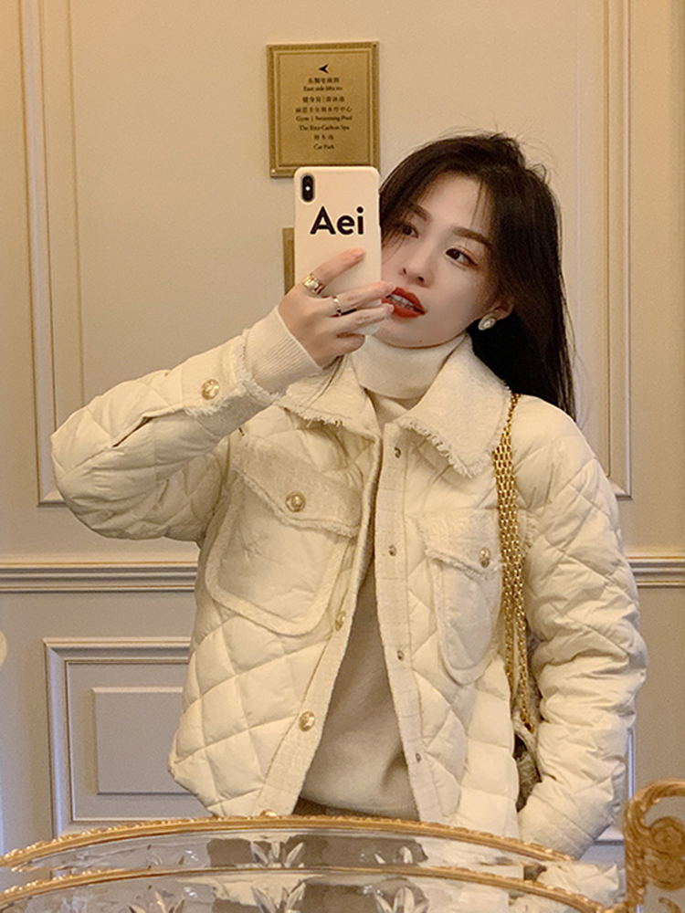 Women's Short Down Jacket with Small Check Pattern, Warm Cotton Coat for Winter, High-End Niche Style, Chic Outerwear