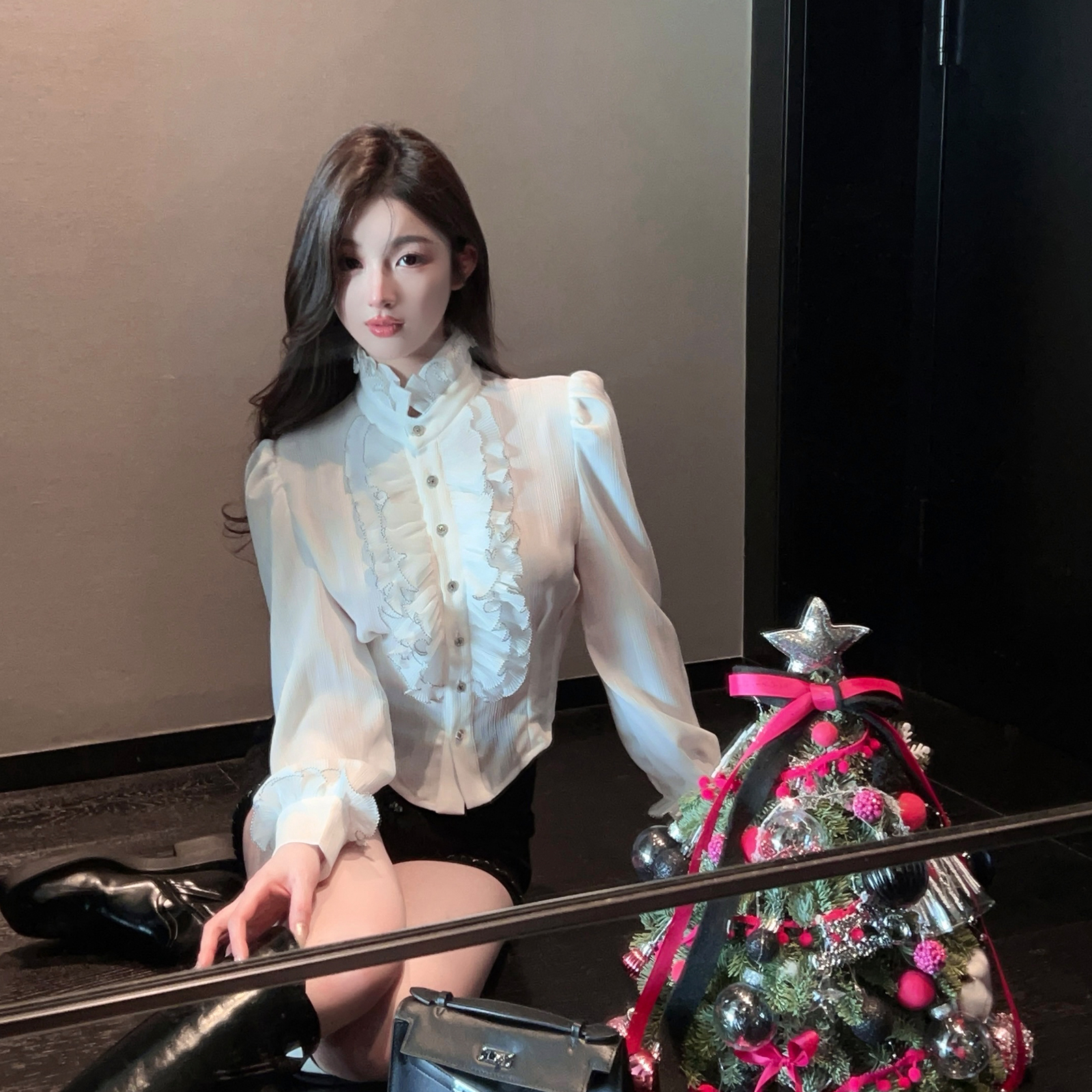 Women's Short Ruffled Long Sleeve White Satin Blouse with Stand Collar - Autumn Winter French Style Top