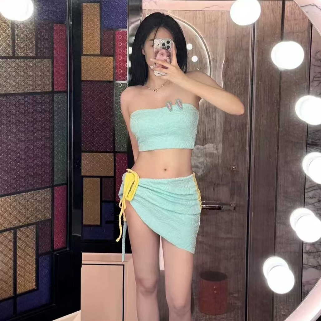 Women's Strapless Bikini Wrap Skirt Three-Piece Set for Small Busts, Gathered Design, Macaron Style, Hot Girl Vacation Outfit