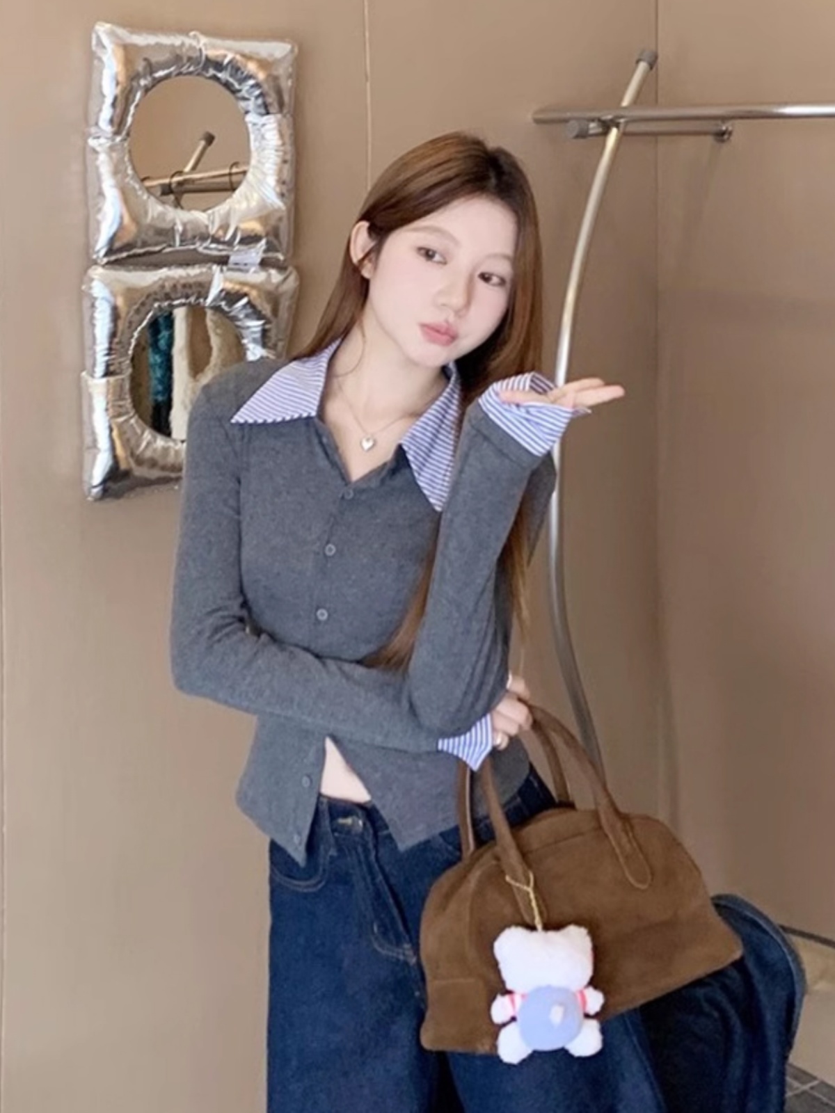 Women's Striped Long Sleeve Polo Collar Cardigan - Fake Two-Piece Design, Slim Fit, Stylish for Autumn & Winter Fashion