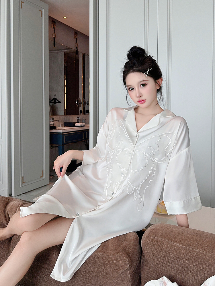 Women's Summer Thin Ice Silk Short Sleeve Nightgown, Lightweight Pajamas for Spring and Autumn, Cool Home Wear, Relaxed Fit