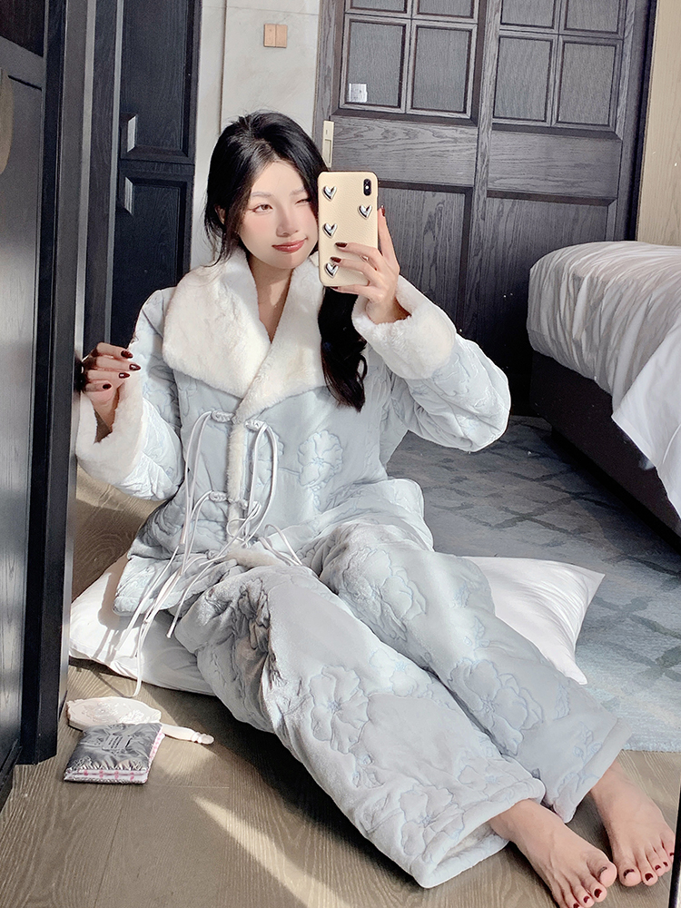 Women's Thick Warm Fleece Pajama Set - Autumn Winter Cotton-Padded Three-Layer National Style Loungewear