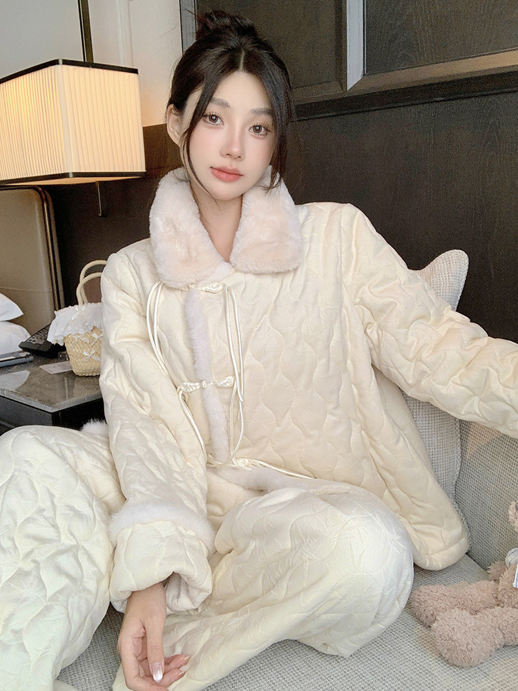 Women's Three-Layer Quilted Coral Fleece Pajama Set - Autumn Winter National Style Loungewear for Outdoor Comfort