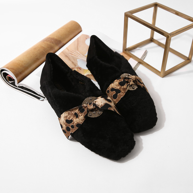 Women's Trendy Leopard Print Bow Flat Shoes with Square Toe, Shiny Diamonds, Plush Lining for Autumn and Winter Fashion