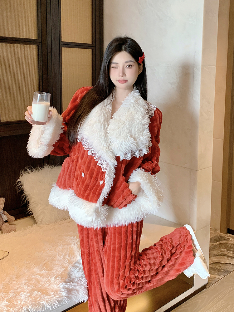 Women's Warm Fleece Pajamas Set - Thickened Coral Velvet for Autumn Winter - Cozy Christmas New Year Homewear
