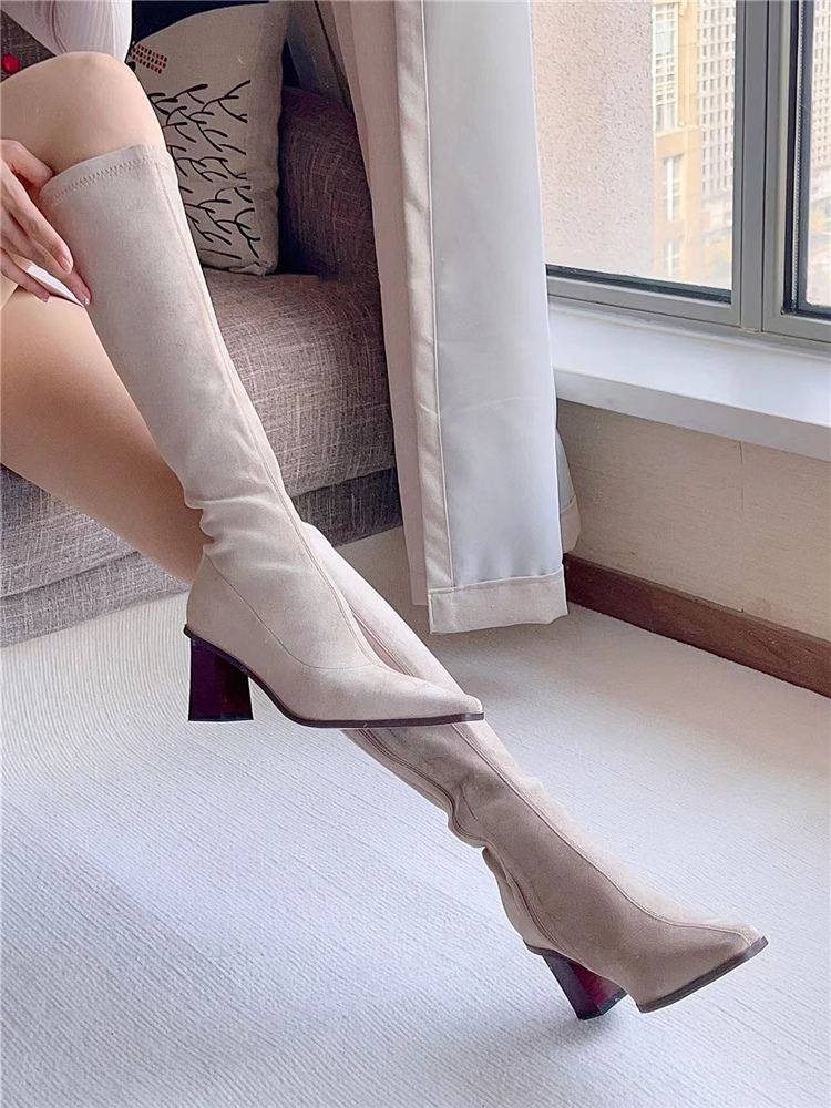 Wood Grain Over-the-Knee High-Heeled Boots for Women - Pointed Toe Chunky Heel Suede - Autumn Winter 2025 Fashion