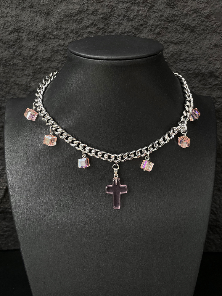 Y2K Pink Crystal Cross Necklace for Women, High-End Sweet Clavicle Chain, Cool Spicy Girl Neck Accessory