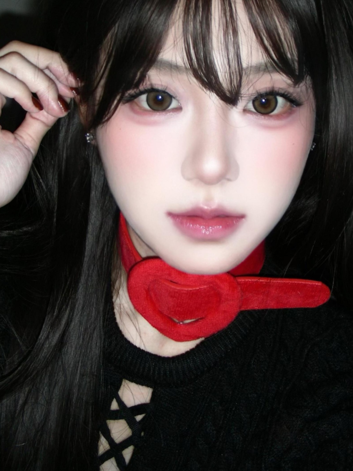 Y2K Red Heart Choker Collar Gothic Short Plush Leather Necklace Festive Subculture Accessory for Girls