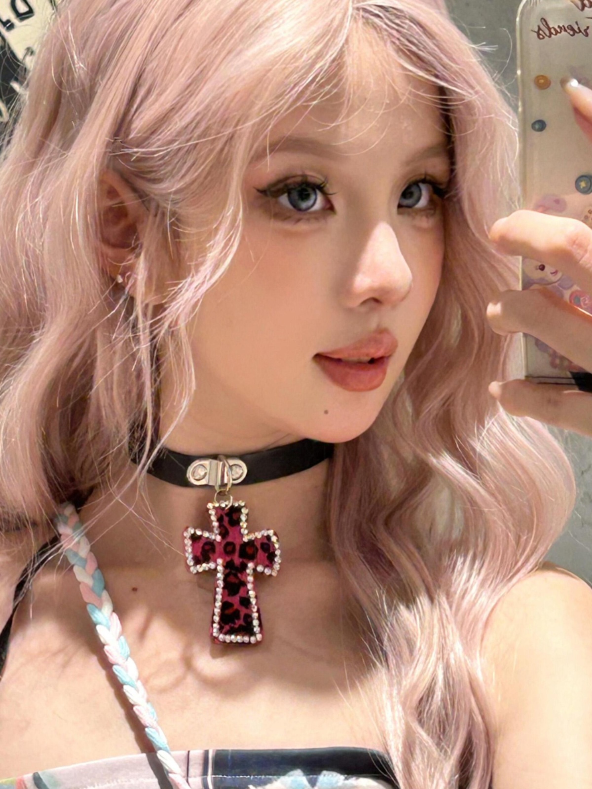 Y2K Retro Leopard Print Choker Necklace - Sweet Cross Neck Ring for Cool Spicy Girl Style