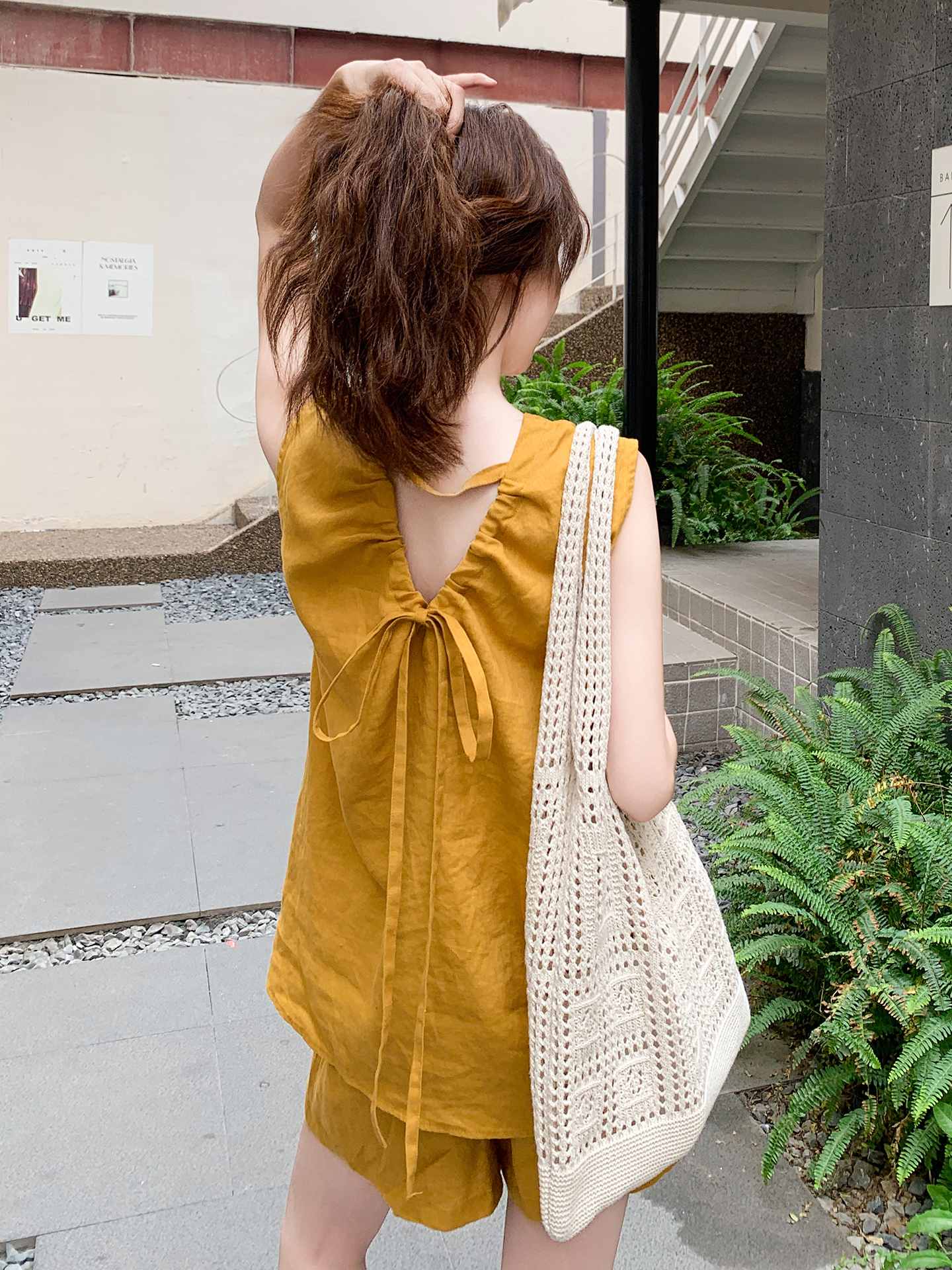 Yellow Backless Sleeveless Vest and Shorts Set for Women - 2025 Summer Casual Two-Piece Outfit for Petite Sizes