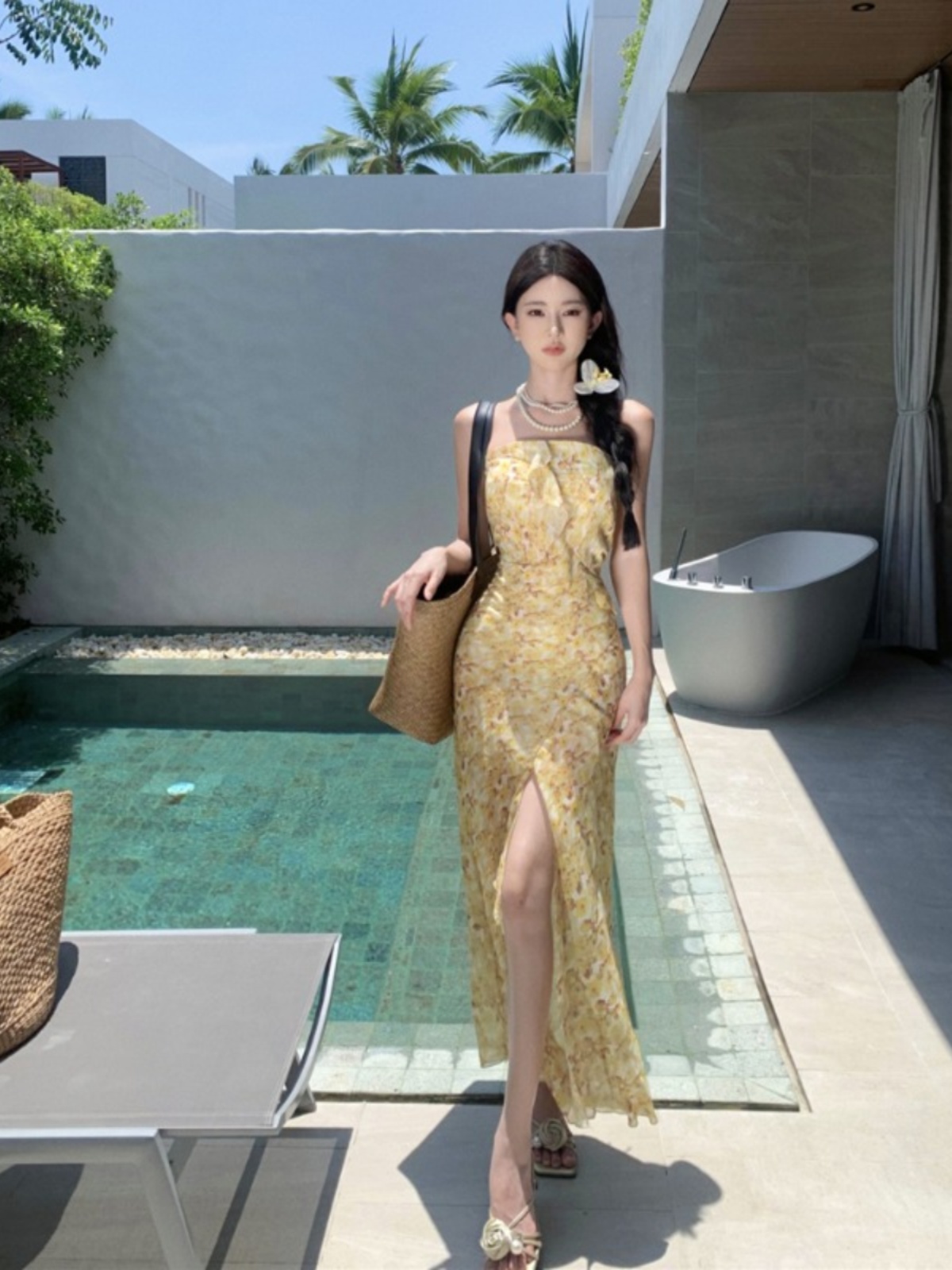 Yellow Floral Chiffon Dress - Strapless Slimming Beach Skirt with Split - Summer Seaside Vacation Style