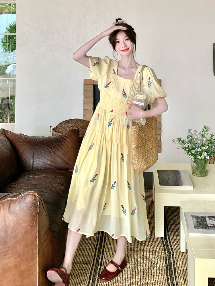 Yellow Puff Sleeve Square Neck Embroidered Dress for Women - 2025 Summer Sweet Milk-Style High Waist Slim Fit Long Skirt