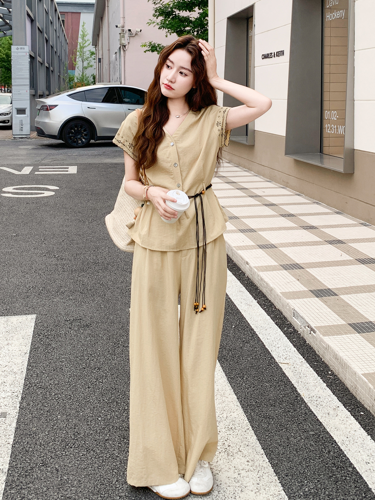 Yellow V-Neck Artistic Temperament Shirt & Wide-Leg Pants Set for Women, Slimming Summer 2025 Two-Piece Outfit, Trendy Style